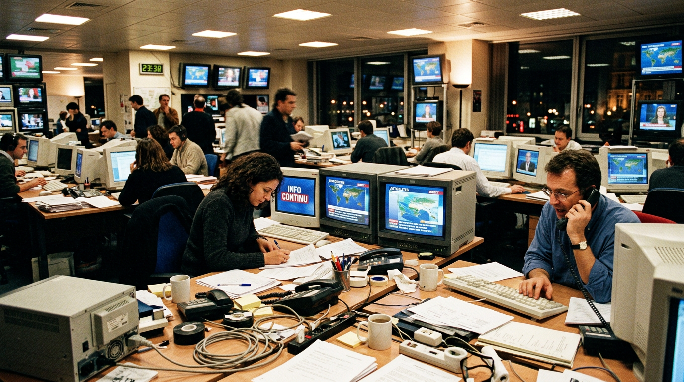 Rédaction d'une chaîne d'information française dans les années 2000 — journalistes et écrans en direct
